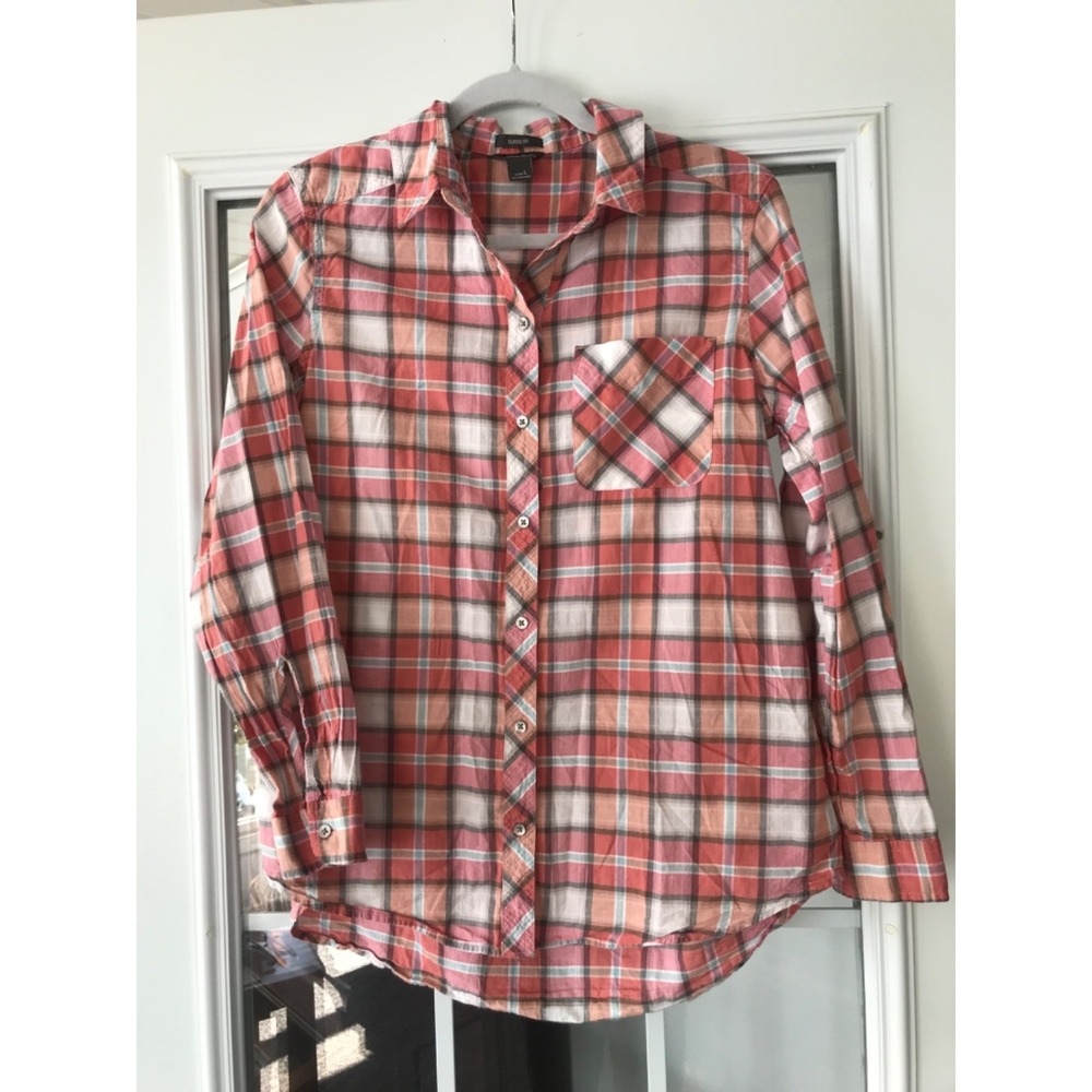 Womens Eddie Bauer Plaid Pink Shirt, Long Sleeve, Classic‎ Fit, Women's Size L
